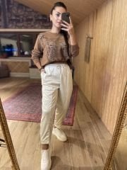 Krem deri görünümlü pantolon