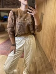 Krem deri görünümlü pantolon