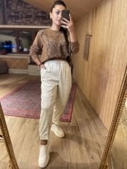 Krem deri görünümlü pantolon