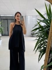 Kk 4221 Asimetrik Kesim Deri Askılı Siyah Tulum