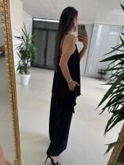 Kk 4221 Asimetrik Kesim Deri Askılı Siyah Tulum
