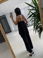 Kk 4221 Asimetrik Kesim Deri Askılı Siyah Tulum