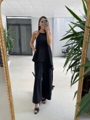 Kk 4221 Asimetrik Kesim Deri Askılı Siyah Tulum