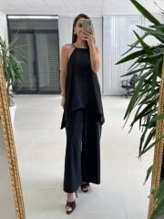 Kk 4221 Asimetrik Kesim Deri Askılı Siyah Tulum