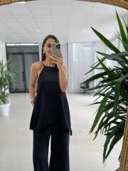 Kk 4221 Asimetrik Kesim Deri Askılı Siyah Tulum