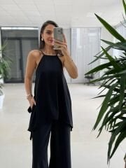 Kk 4221 Asimetrik Kesim Deri Askılı Siyah Tulum