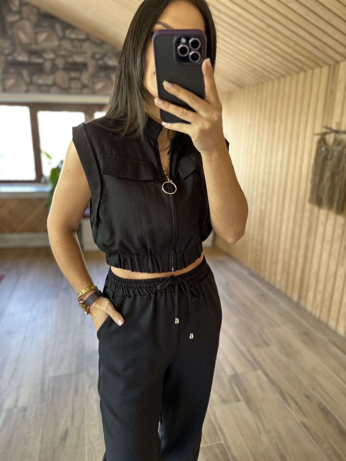 Art.Pamuk keten bomber siyah takım