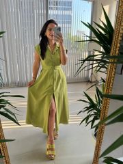 My 3536 Gold Düğmeli Pamuk Keten Yağ Yeşili Elbise