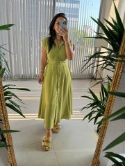 My 3536 Gold Düğmeli Pamuk Keten Yağ Yeşili Elbise