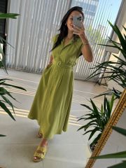 My 3536 Gold Düğmeli Pamuk Keten Yağ Yeşili Elbise