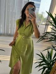 My 3536 Gold Düğmeli Pamuk Keten Yağ Yeşili Elbise