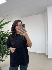 Ml 6693 Taş Detaylı Bisiklet Yaka Siyah Modal Tişört