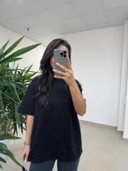 Ml 6693 Taş Detaylı Bisiklet Yaka Siyah Modal Tişört