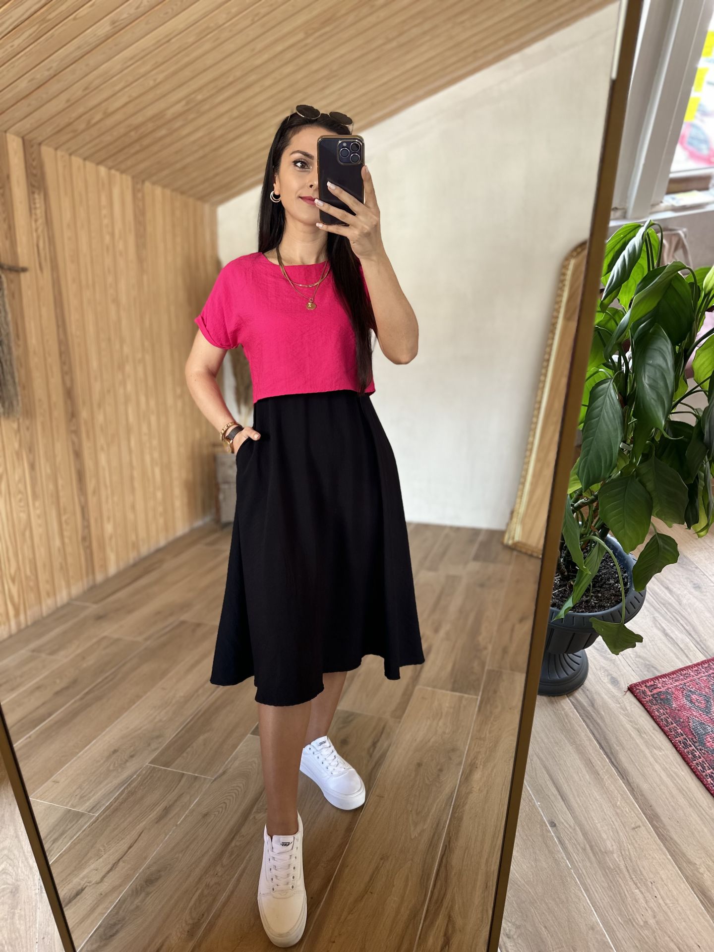 Fuşya bluzlu midi elbise