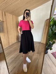 Fuşya bluzlu midi elbise