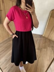 Fuşya bluzlu midi elbise