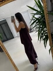 Kk 4221 Asimetrik Kesim Deri Askılı Mürdüm Tulum