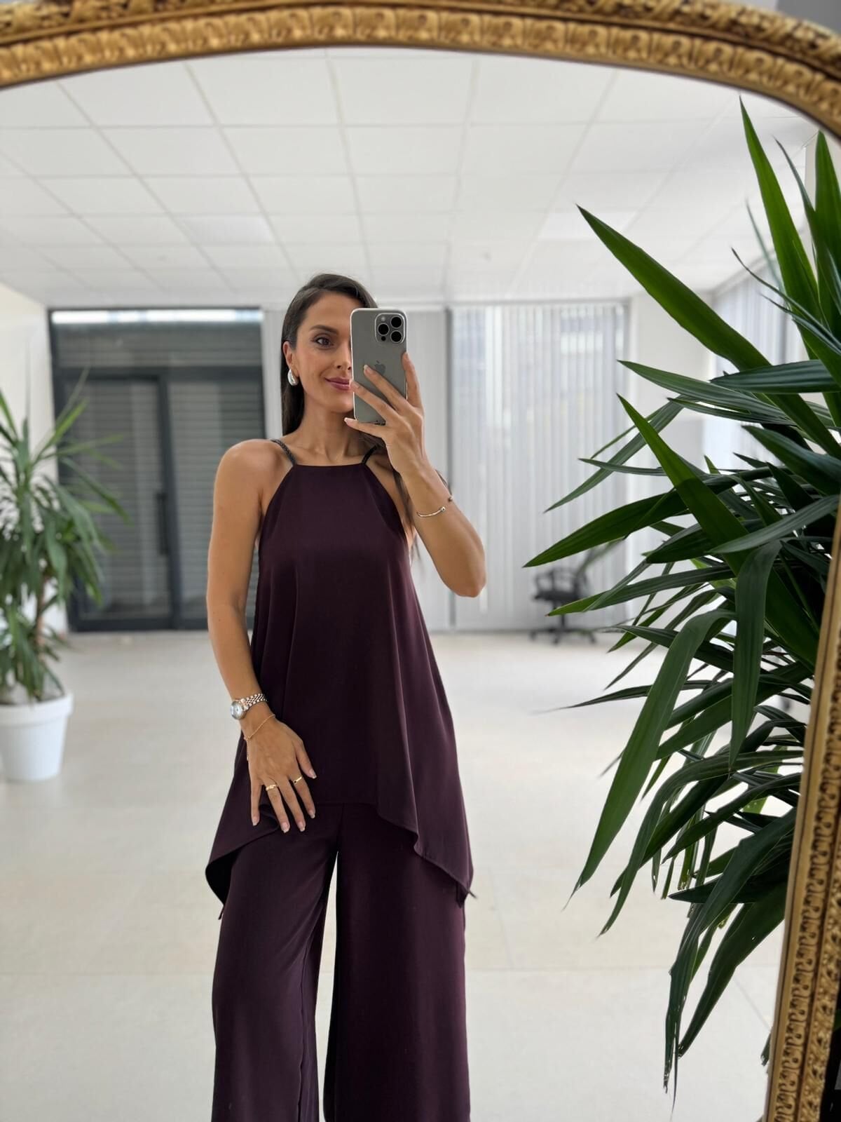 Kk 4221 Asimetrik Kesim Deri Askılı Mürdüm Tulum