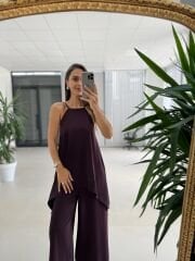 Kk 4221 Asimetrik Kesim Deri Askılı Mürdüm Tulum