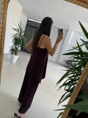 Kk 4221 Asimetrik Kesim Deri Askılı Mürdüm Tulum