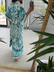 My 3409 Hakim Yaka Turkuaz Geçişli Elbise