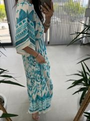 My 3409 Hakim Yaka Turkuaz Geçişli Elbise