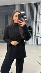 Fermuar Detaylı Siyah Triko Takım