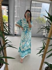 My 3409 Hakim Yaka Turkuaz Geçişli Elbise