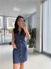 Bb 30062 Laci Gümüş Düğmeli Denim Elbise