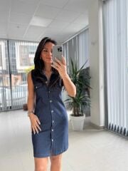 Bb 30062 Laci Gümüş Düğmeli Denim Elbise