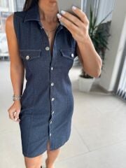 Bb 30062 Laci Gümüş Düğmeli Denim Elbise