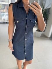 Bb 30062 Laci Gümüş Düğmeli Denim Elbise