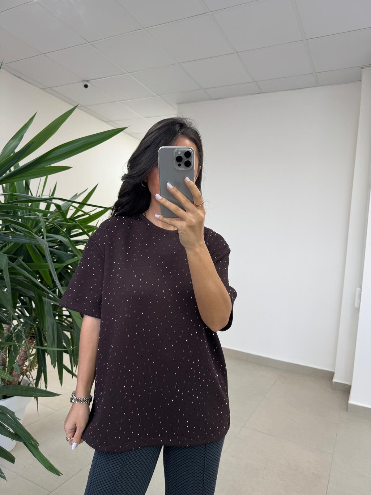 Ml 6693 Taş Detaylı Bisiklet Yaka A.Kahve Modal Tişört