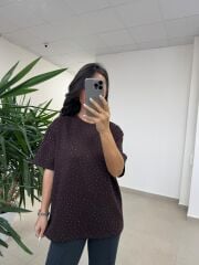 Ml 6693 Taş Detaylı Bisiklet Yaka A.Kahve Modal Tişört