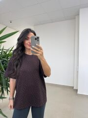 Ml 6693 Taş Detaylı Bisiklet Yaka A.Kahve Modal Tişört