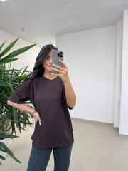 Ml 6693 Taş Detaylı Bisiklet Yaka A.Kahve Modal Tişört