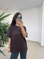 Ml 6693 Taş Detaylı Bisiklet Yaka A.Kahve Modal Tişört