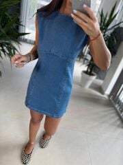 Cr 8504 Mavi Denim Kolsuz Elbise