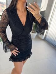 Mc 5834 Dantel Detaylı Drapeli Siyah Elbise