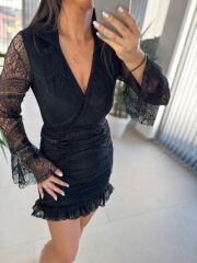 Mc 5834 Dantel Detaylı Drapeli Siyah Elbise