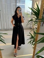 My 3536 Gold Düğmeli Pamuk Keten Siyah Elbise