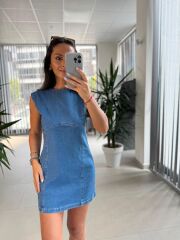 Cr 8504 Mavi Denim Kolsuz Elbise