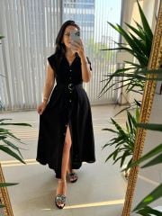 My 3536 Gold Düğmeli Pamuk Keten Siyah Elbise