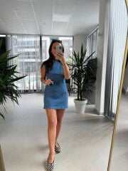 Cr 8504 Mavi Denim Kolsuz Elbise