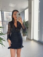 Mc 5834 Dantel Detaylı Drapeli Siyah Elbise