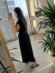 My 3536 Gold Düğmeli Pamuk Keten Siyah Elbise