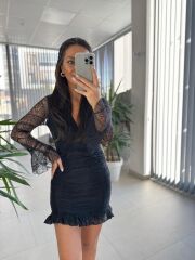 Mc 5834 Dantel Detaylı Drapeli Siyah Elbise