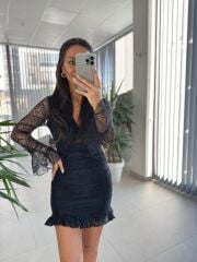 Mc 5834 Dantel Detaylı Drapeli Siyah Elbise