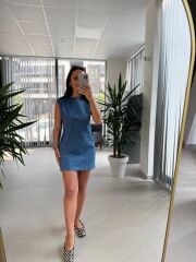 Cr 8504 Mavi Denim Kolsuz Elbise