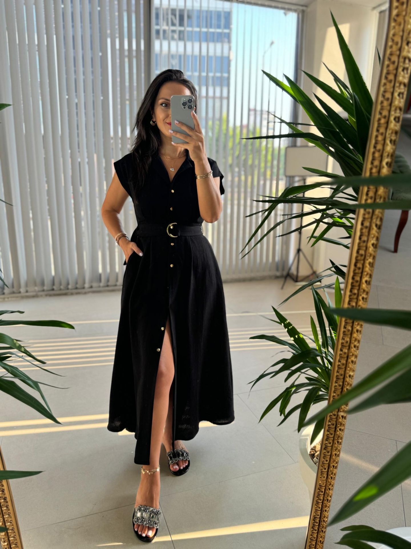 My 3536 Gold Düğmeli Pamuk Keten Siyah Elbise